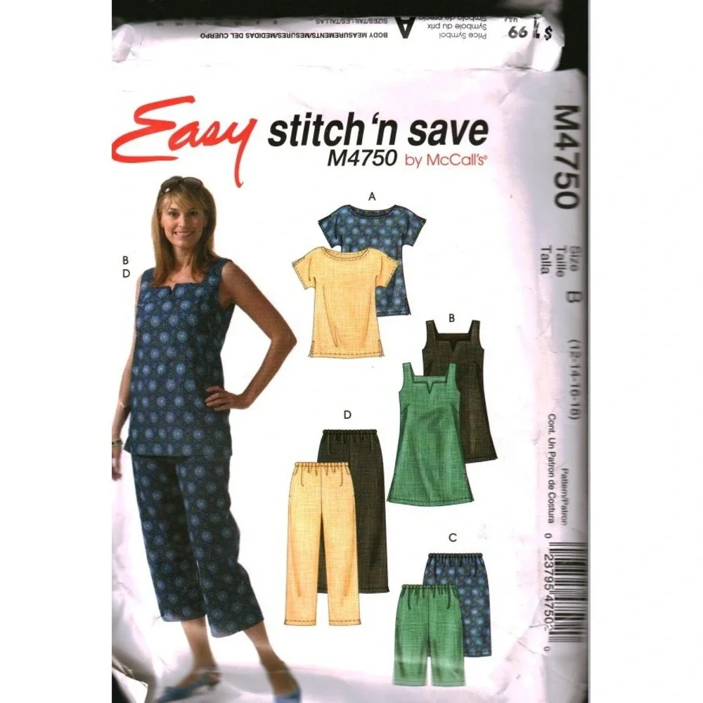 McCalls M4750 Stitch n Save Sewing Pattern Misses Top Tunic Shorts Pants Size B